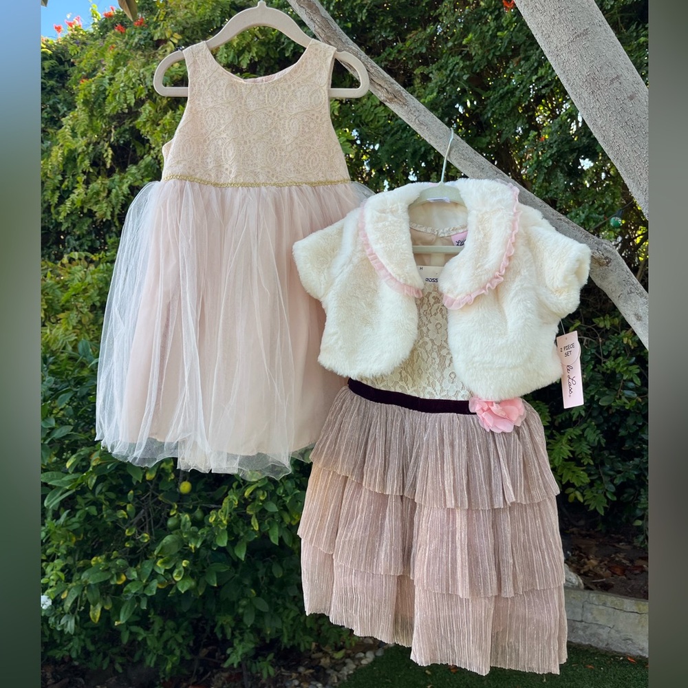Set of 2 Little Girls Tutu & Lace Dresses with faux fur Cape Size 4T